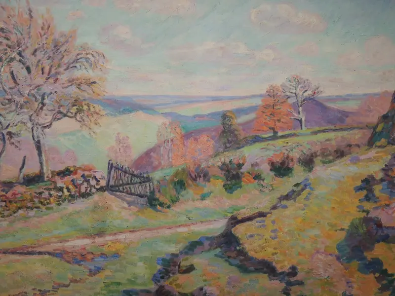 A crooked gate leads into a vibrant landscape filled with colorful trees and a winding path.