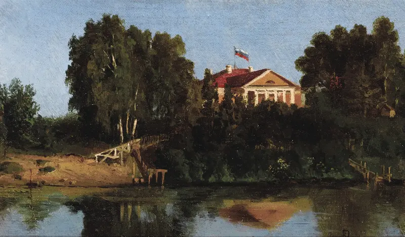 Landscape with House by Vasily Dmitrievich Polenov, realism, depicting a house surrounded by greenery and light.