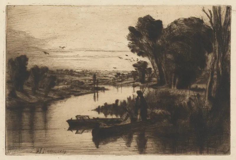 On the Thames by Francis Seymour Haden, depicting a tranquil river landscape, etching.