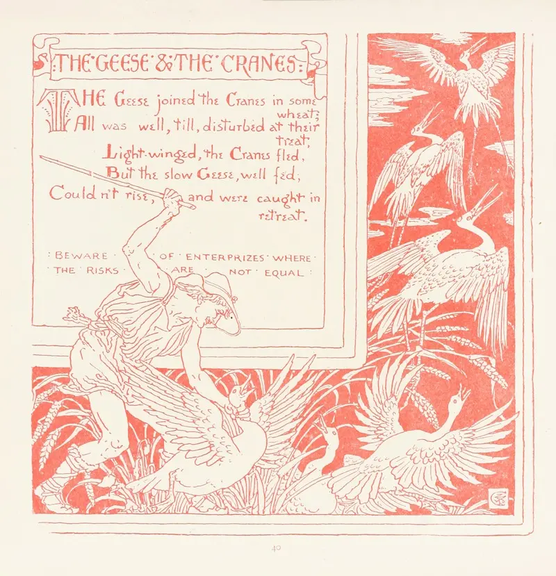 A painting depicting geese and cranes in a natural setting.