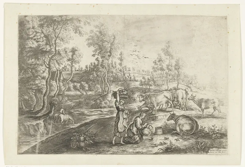 Etching by Lucas van Uden depicting a farmhouse and lush greenery