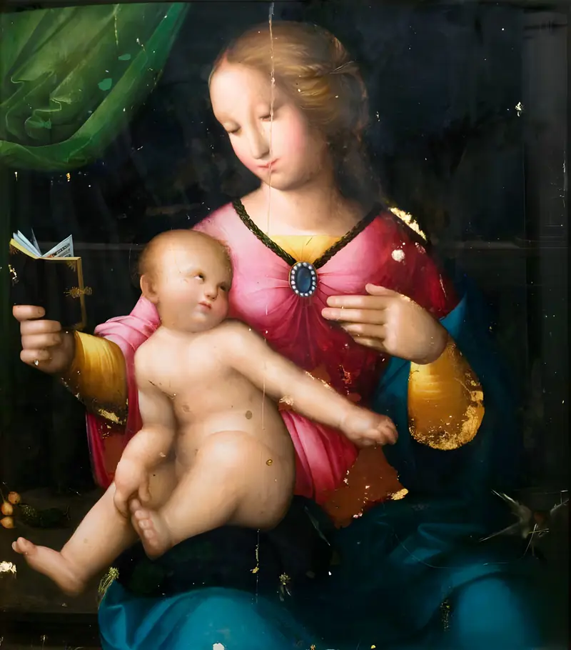 The Madonna and Child with a Goldfinch depicts Mary and the infant Christ with John the Baptist offering a goldfinch.