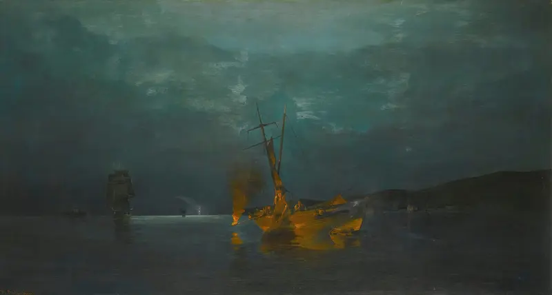Pyrophani – Firefishing by Konstantinos Volanakis, oil painting depicting fishermen silhouetted against flames.
