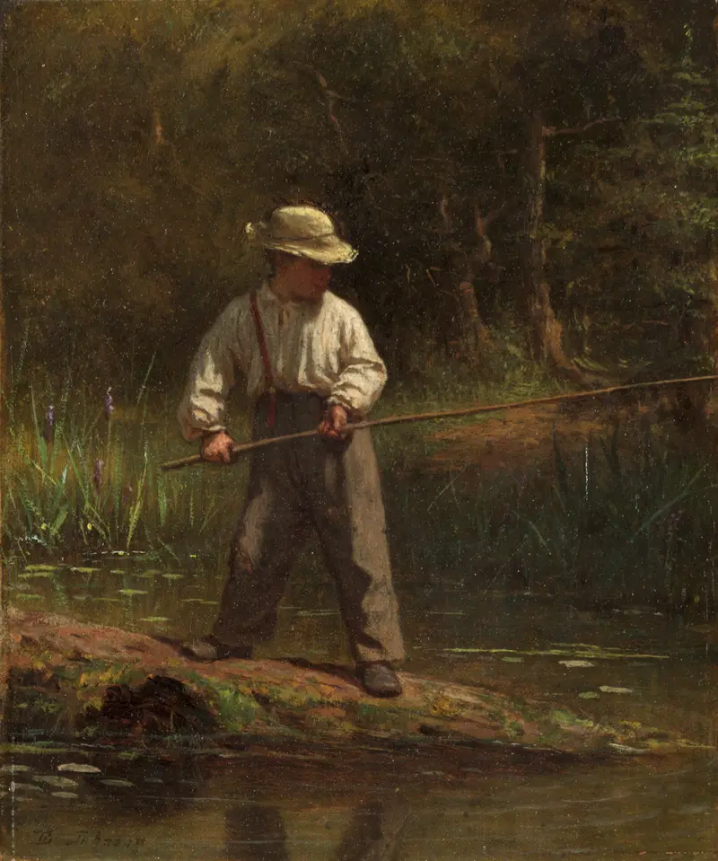 A young boy is depicted fishing by a serene riverbank.