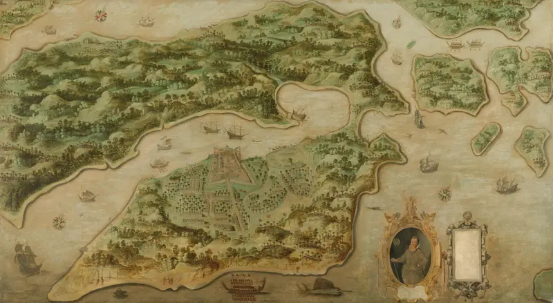 View of Ambon, oil on canvas by unknown artist, featuring Fort Victoria and governor Frederik Houtman.