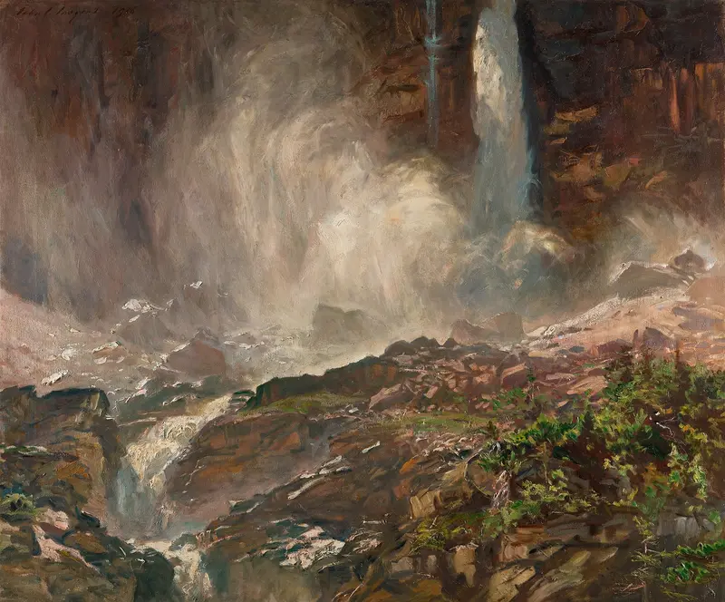 Yoho Falls by John Singer Sargent, oil on canvas, depicting cascading water and dark rocks.