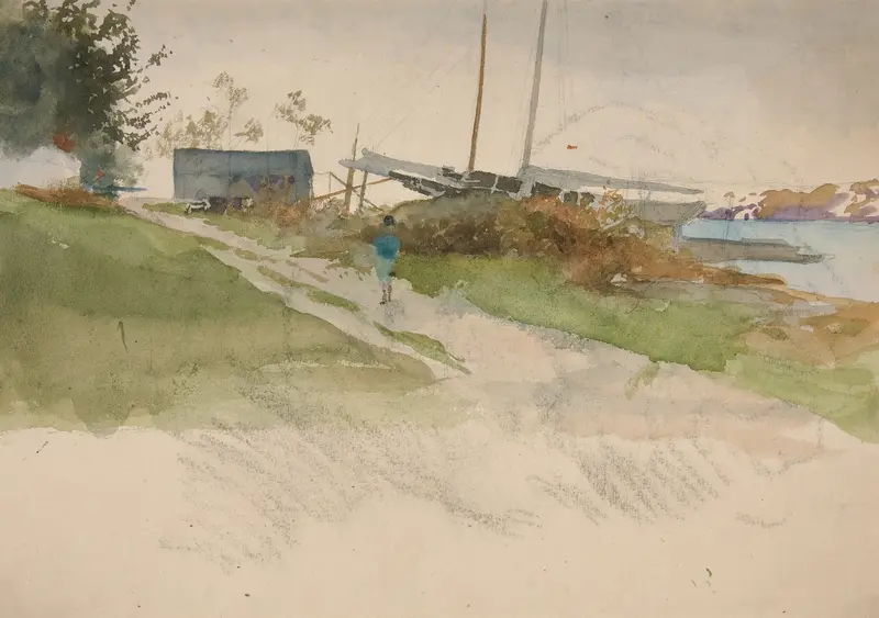 Landscape with a figure walking along a path, oil painting by Edwin Austin Abbey