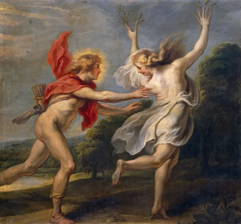 A depiction of Apollo reaching for Daphne, who is transforming into a laurel tree.