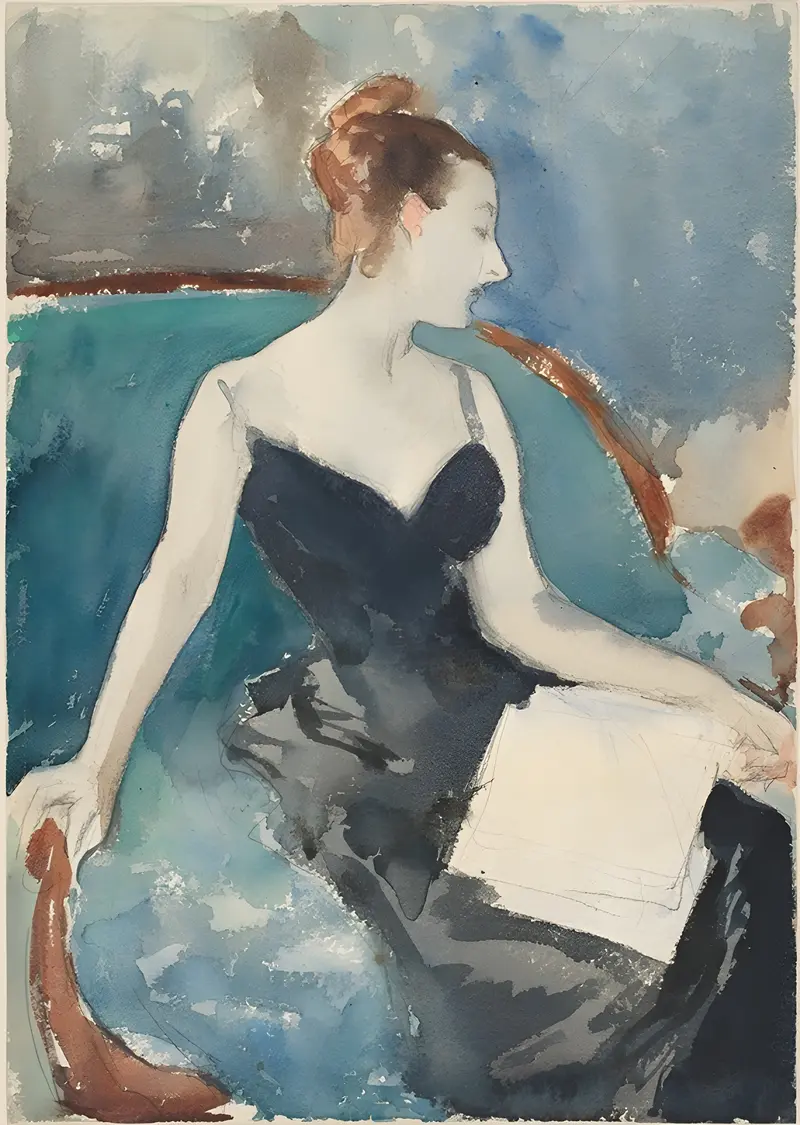 A woman in a black dress sits in profile on a turquoise-blue settee with her left arm resting on its curved wooden back against a blue and grey background.