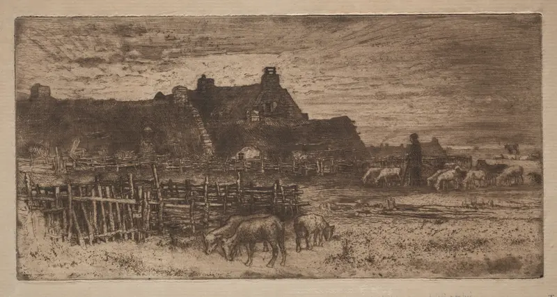 Sheepfold at sunset, etching by Félix Hilaire Buhot