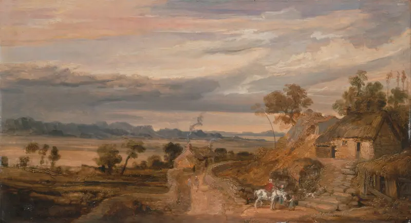 Landscape with Cottages by James Ward, oil on canvas depicting hills and cottages.