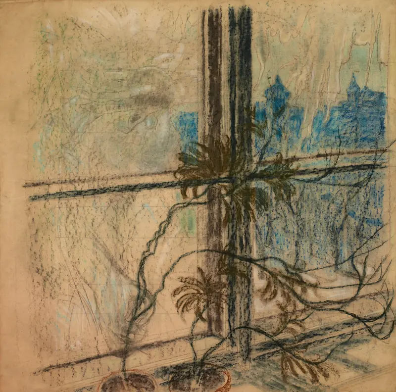 Cityscape oil painting by Stanisław Wyspiański showing a serene view from a window