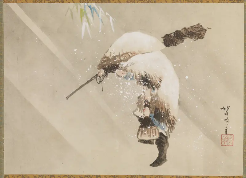 A solitary fisherman trudges through thick snow, carrying a net over his shoulder.