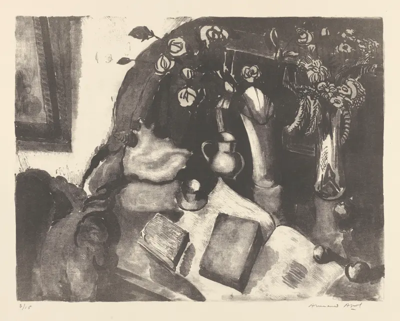 A still life featuring a draped cloth, an open book, a metallic jug, and flowers in vases against a dark background.