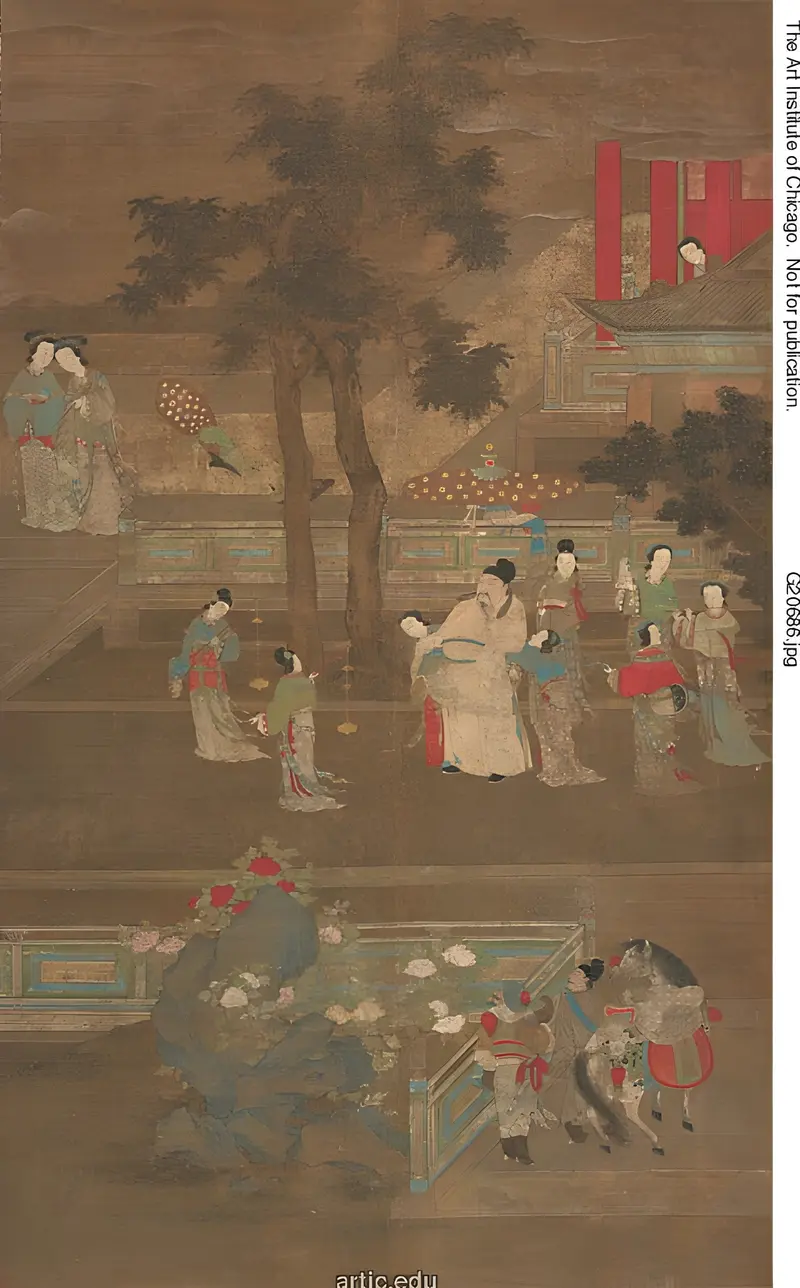 Silk artwork depicting Su Dongpo with empress dowager's maids, unknown artist