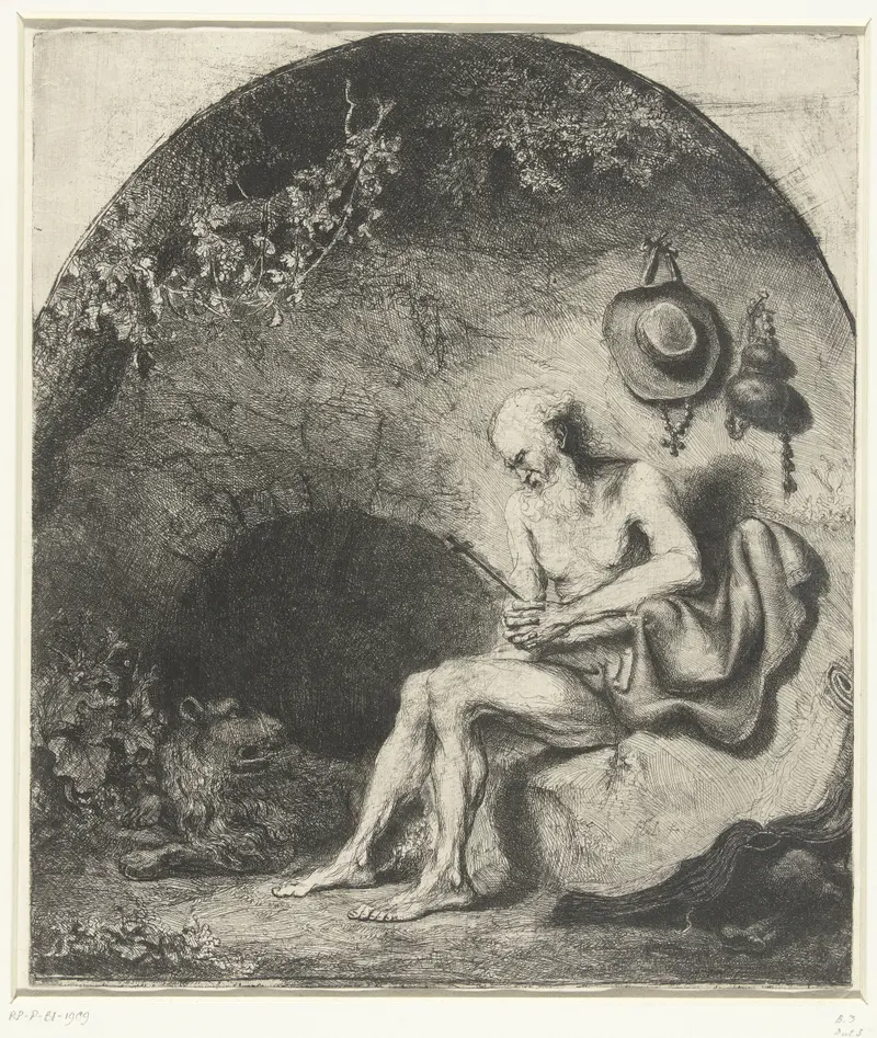 Etching by Ferdinand Bol depicting Hieronymus in a grotto with shadows and earthy tones