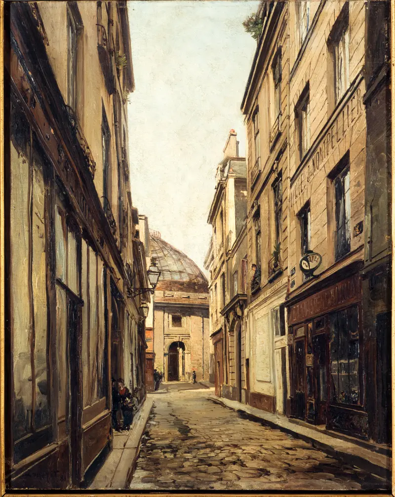 La Rue Sauval, oil on canvas by Emmanuel Lansyer depicting a vibrant Parisian street with buildings.