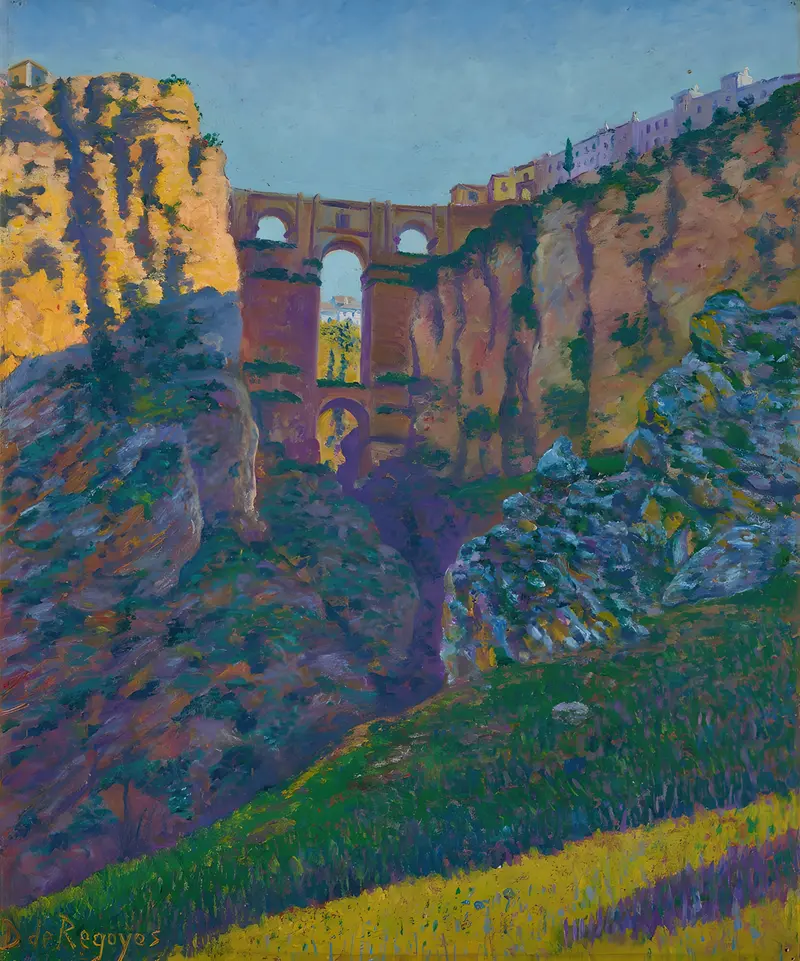A landscape painting depicting the Puente Nuevo in Ronda, Spain.