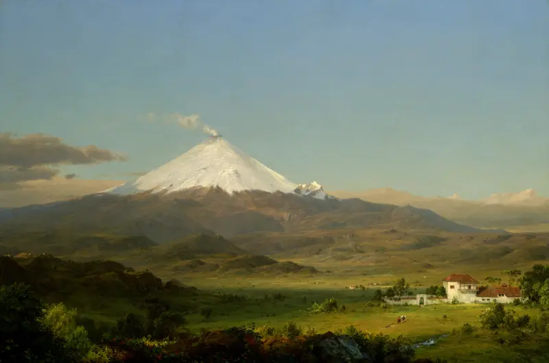 Cotopaxi by Frederic Edwin Church, oil on canvas depicting a volcano and lush landscape.