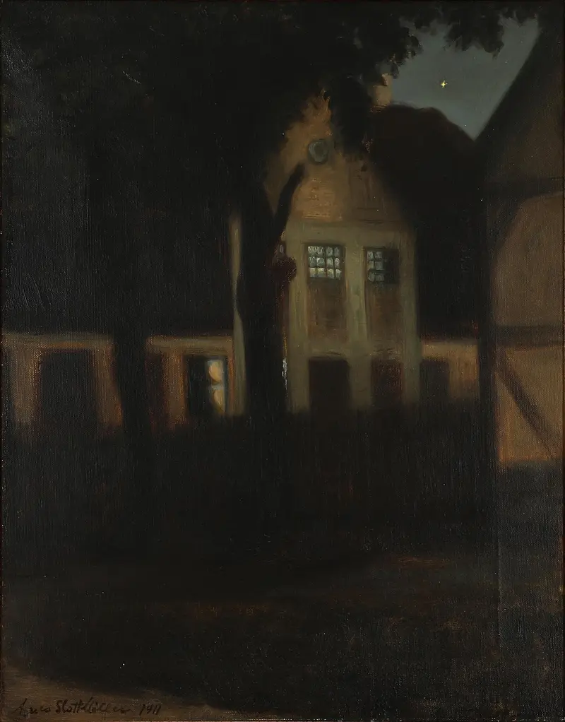 A house with a glowing window stands in the dusk, surrounded by shadows and a tree trunk.