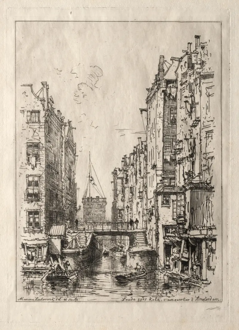 Canal scene in Old Quarter of Amsterdam, oil painting by Maxime Lalanne