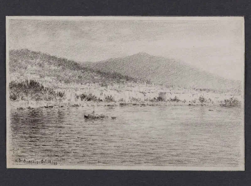 A landscape painting titled 'Ajaccio' by Henry Brokman.