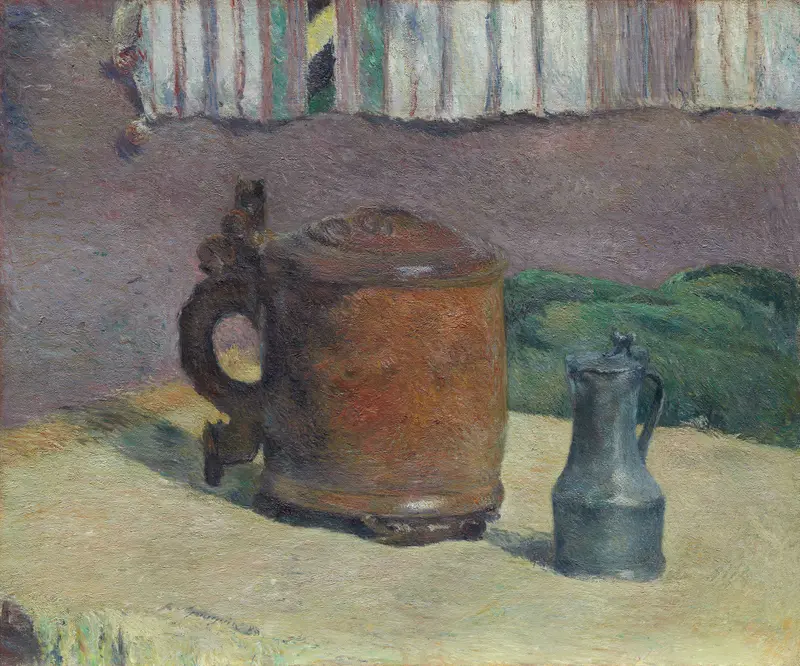 Still life with wood tankard and metal pitcher, linen by Paul Gauguin