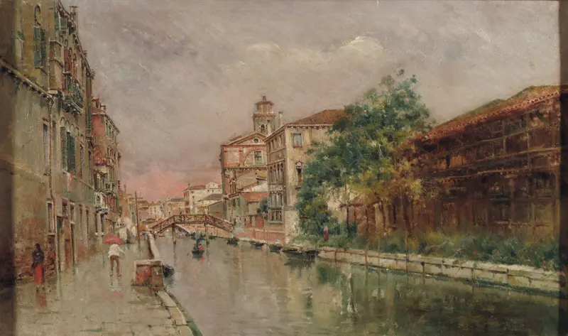 A serene Venetian canal scene under rain, featuring a lone figure with a red umbrella on glistening pavement.