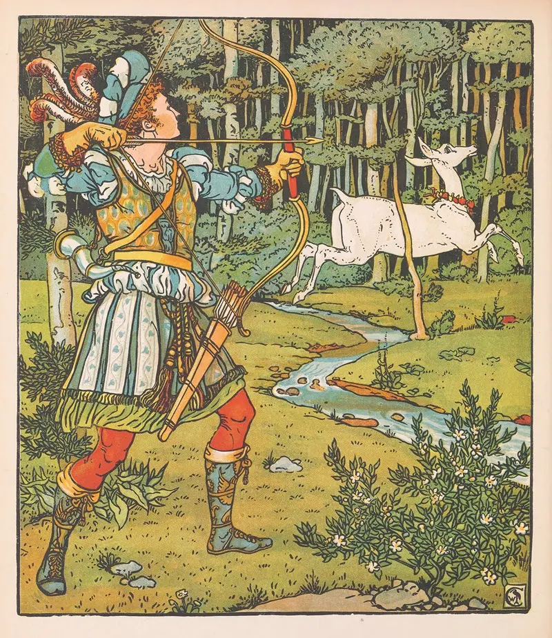 Walter Crane's 'Beauty and the Beast Pl. 16' illustrates a whimsical scene from the classic fairy tale.
