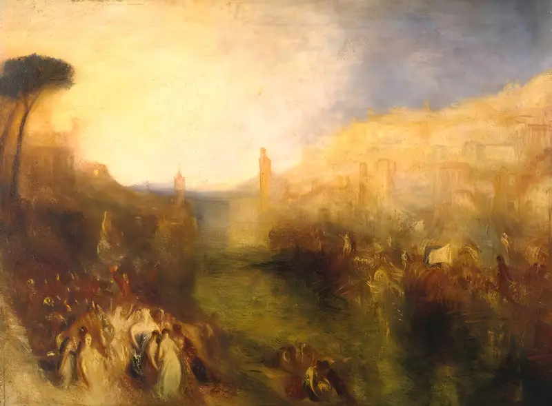 A dramatic seascape depicting a fleet departing from the shore, enveloped in mist and golden light.