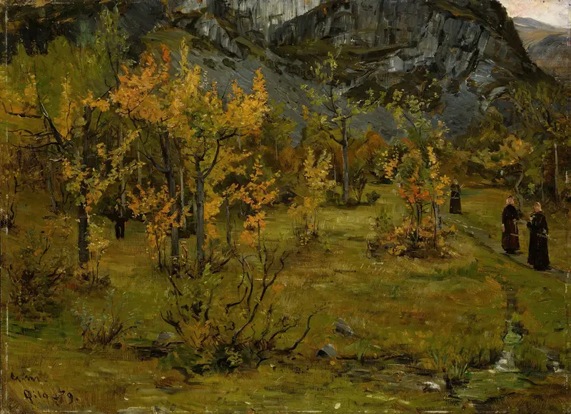 Autumn Landscape by Gerhard Munthe, depicting rolling hills and vibrant trees in oil painting.