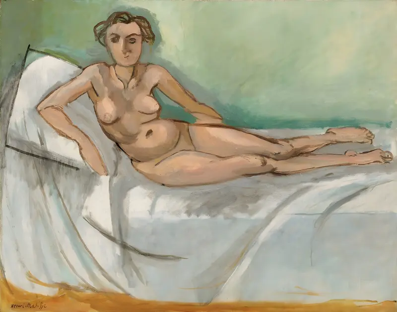 Henri Matisse's 'Nu demi couché' features a reclining nude figure in vibrant colors.