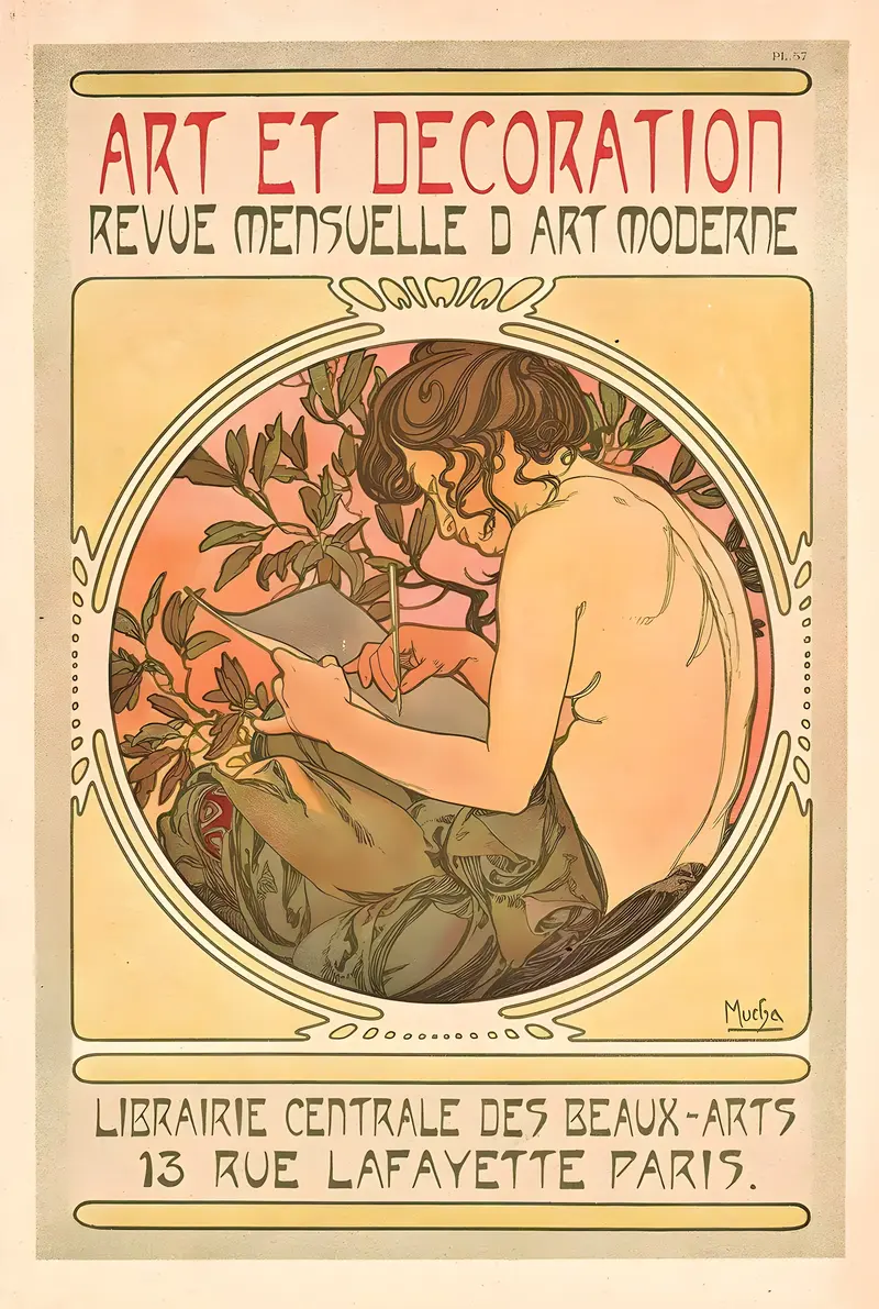 Alphonse Mucha's 'DOCUMENTS DÉCORATIVES' showcases intricate designs typical of the Art Nouveau movement.
