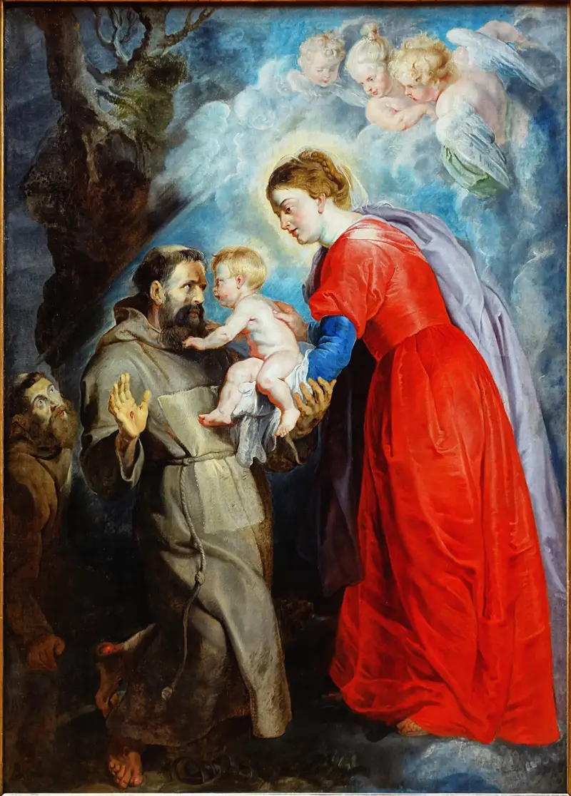St. Francis receives the Christ Child from Mary in a moment of mystical tenderness.
