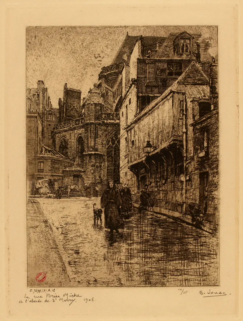 Watercolor on paper by Charles Jouas depicting La rue Brise-miche and St-Merry
