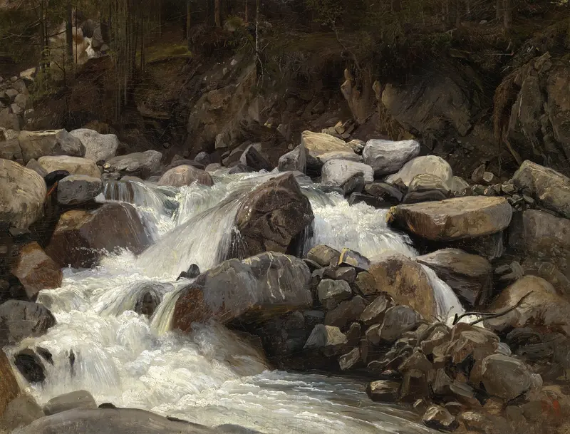 Landscape with a river and alpine scenery, oil painting by Johann Wilhelm Schirmer