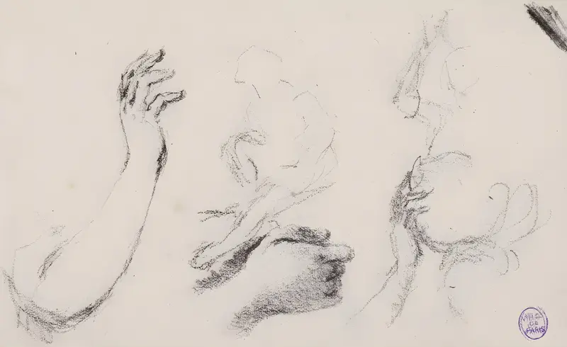 This artwork showcases the intricate studies of arms, hands, and a figure by Narcisse-Virgile Diaz de La Peña.