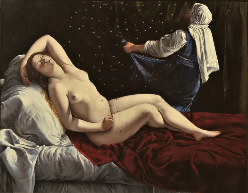 A nude woman with long red hair reclines on a bed as golden coins fall toward her, with a servant in blue gathering the coins in the background.