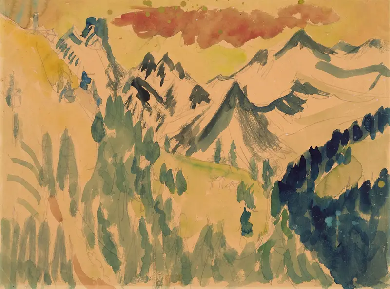 Landscape oil painting by Ernst Ludwig Kirchner depicting mountains and a vivid sky.