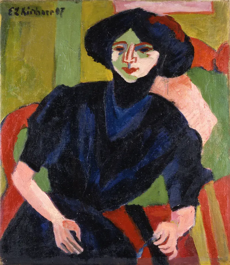 A woman with a green-tinged face and mask-like features gazes directly at the viewer, surrounded by bold colors and dynamic brushstrokes.