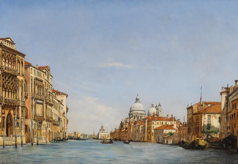 Oil painting by Giovanni Grubacs depicting the Grand Canal and Santa Maria della Salute.