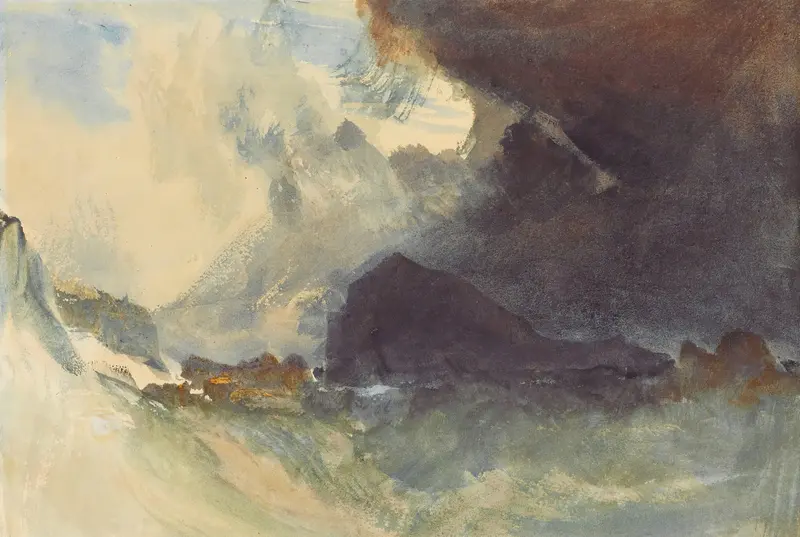 The Mewstone, Devon by Joseph Mallord William Turner, oil painting depicting a cliff and turbulent sea.
