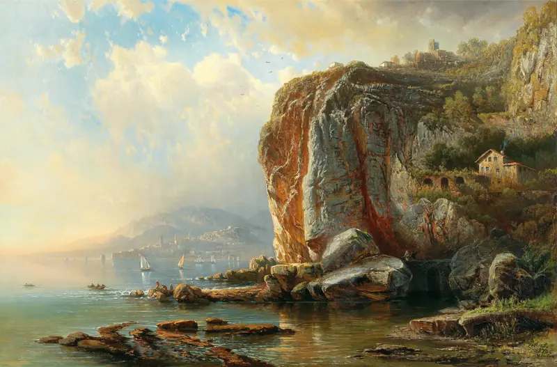 On the Coast of Menton, oil painting by Pieter Franciscus Peters depicting a tranquil coastal landscape.