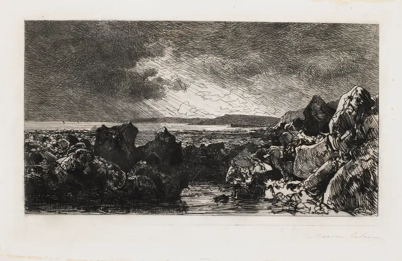 Marine scene with jagged rocks and ocean by Maxime Lalanne, 1874