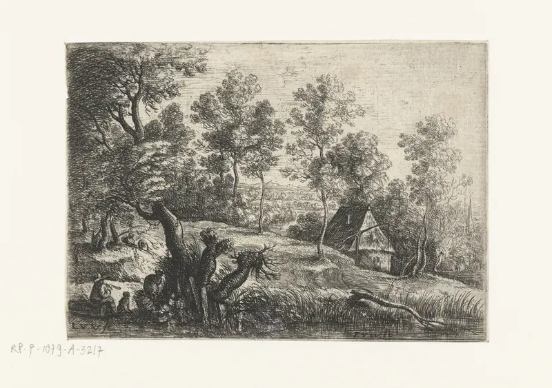 Etching by Lucas van Uden depicting a landscape with a house and a water well