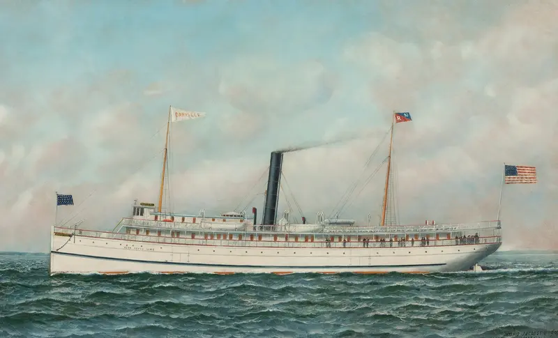 S.S. Danville oil painting by Antonio Jacobsen, featuring a ship navigating ocean waves.