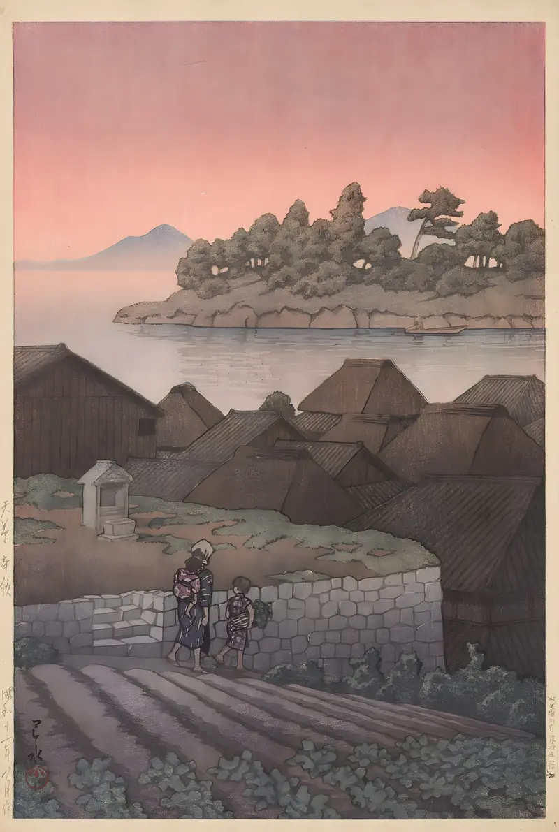 Woodblock print by Kawase Hasui depicting twilight over shimmering waters