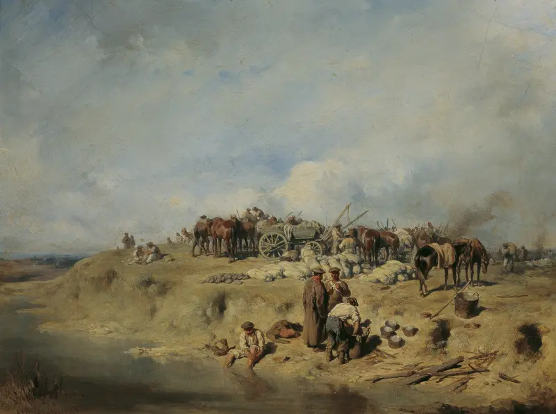 Biwak russischer Soldaten by August von Pettenkofen, oil painting depicting soldiers in a camp.