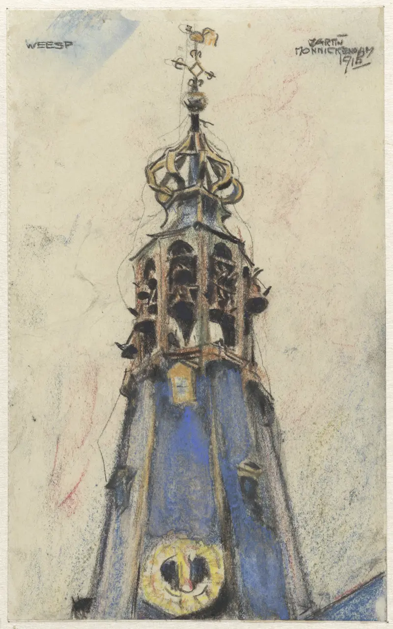 Kerktoren te Weesp by Martin Monnickendam, oil on canvas depicting a church tower against a soft sky