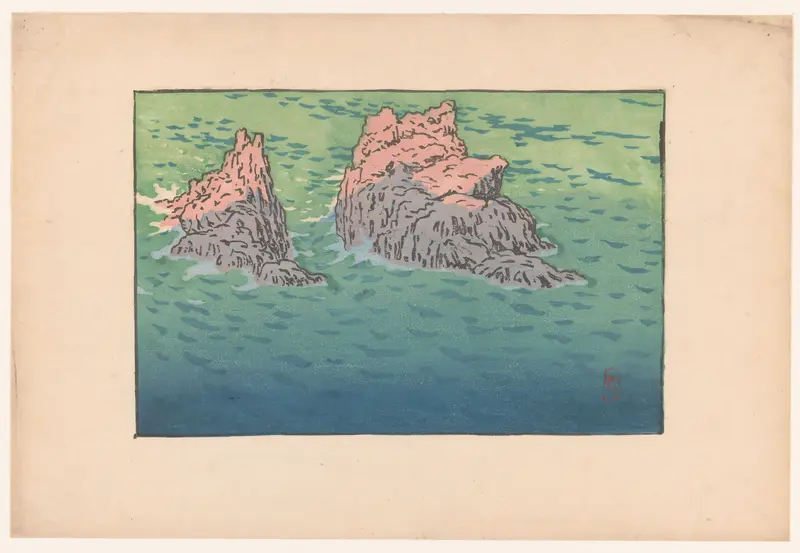 Henri Rivière's 'Rocks in Water' captures a serene marine landscape.
